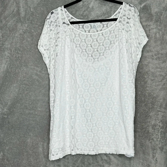 Liz Claiborne 4X Short Top White Geometric Short Sleeve Scoop Neck Lace Over - Picture 1 of 6